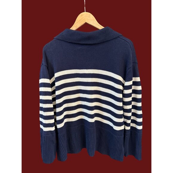 Gap Navy Blue Striped Collared Pullover Sweater Small Coastal Chic Resort Wear - Picture 4 of 5